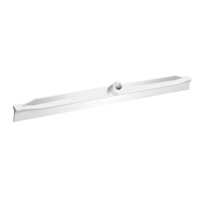 The WATER PUSHER WITH MOLDED LIP from Haug Bürsten KG is a white, rectangular floor squeegee head with an integrated lip and angled handle attachment, ideal for effective floor cleaning, depicted on a simple white background.