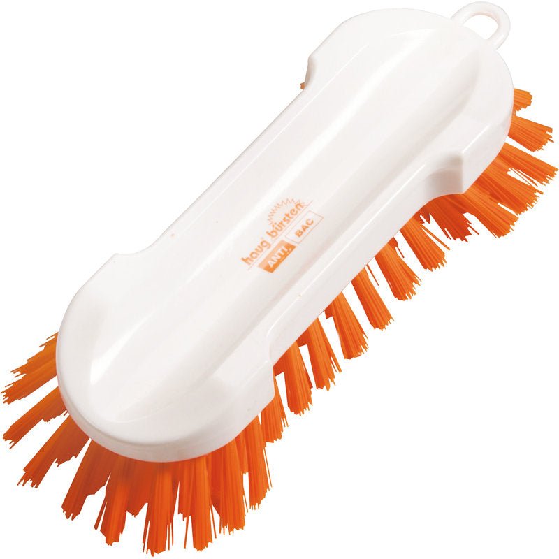 The Haug Bürsten KG ANTI BAC WASH BRUSH ROUND PBT ORANGE, ø 0.50MM HARD is a white plastic cleaning brush with stiff orange bristles on both sides, an ergonomically curved handle, and a hanging hole for easy handling.