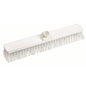 The Haug Bürsten KG LARGE AREA MOP, PBT TRANSP. Ø 0.50MM MEDIUM 400X60X40MM is a white scrubbing head with stiff, straight PBT bristles and a threaded attachment for the handle, ideal for floor cleaning, depicted against a solid-colored background.
