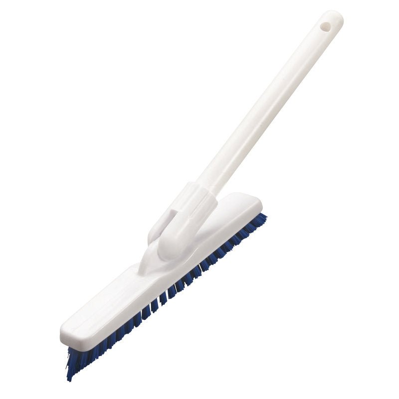The Haug Bürsten KG JOINT BRUSH with a short handle has hard blue 0.60mm PP bristles and a white rectangular handle (220x35x25mm) with a hanging hole, ideal for scrubbing surfaces.