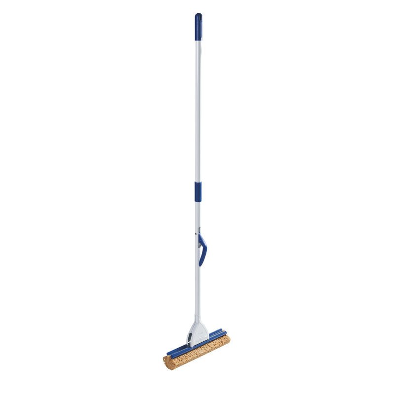 The Haug Bürsten KG WET WIPER WITH STEEL HANDLE 1400X330X85MM, in white and blue, features a long handle, a wringing lever, and a rectangular sponge head - perfect for floor cleaning - standing upright against a white background.