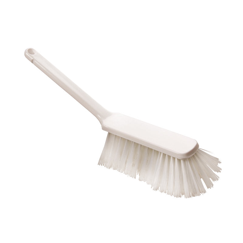The HAND BROOM from Haug Bürsten KG is a white plastic cleaning brush with soft, PBT-slit ø 0.25mm bristles and dimensions of 310x40x50mm. It features a long handle with a hanging hole and densely packed, outward-angled bristles for effective cleaning.