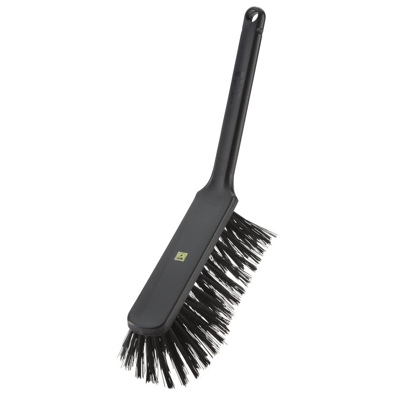 The ESD HAND BRUSH, NYL.6.0 BLACK ø 0.50 MM HARD (310x40x45mm) from Haug Bürsten KG features stiff plastic bristles, a rectangular head, and a long handle with a hanging hole - ideal for cleaning in the electronics industry.