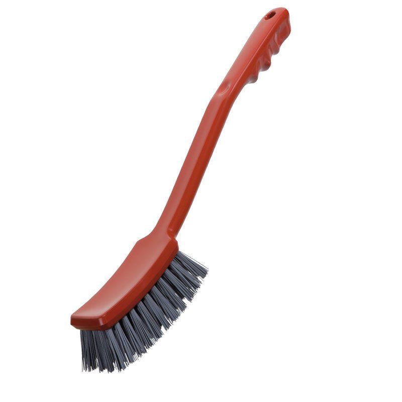 The METAL DETECT HANDLE BRUSH from Haug Bürsten The KG has gray PBT bristles (ø 0.60 mm), a curved head, and an ergonomic handle; dimensions: 400 x 48 x 35 mm, shown on a white background.