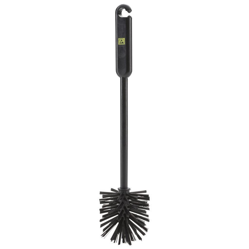 The Haug Bürsten KG ESD pipe brush, Nylon 6.0, black (Ø0.50mm medium), 320xØ70x30mm, has a round bristle head and a long handle with a hook - perfect for medium cleaning tasks.