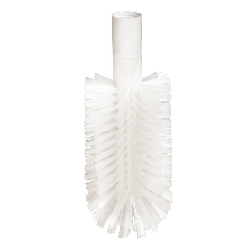 The PIPE BRUSH, PBT TRANSPARENT Ø0.50MM, WITH ADAPTER from Haug Bürsten KG is a white cylindrical brush with stiff, angled, transparent PBT bristles and a hollow plastic handle, depicted on a plain white background.