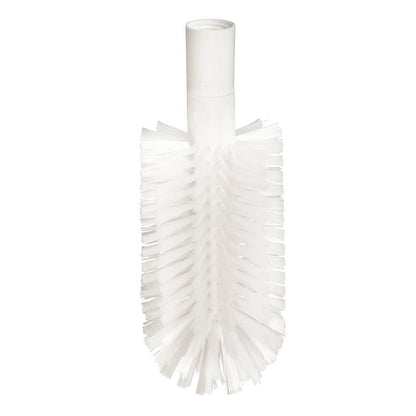 The PIPE BRUSH, PBT TRANSPARENT Ø0.50MM, WITH ADAPTER from Haug Bürsten KG is a white cylindrical brush with stiff, angled, transparent PBT bristles and a hollow plastic handle, depicted on a plain white background.