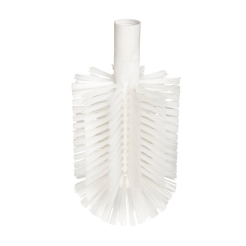 The PIPE BRUSH, PBT TRANSPARENT Ø0.50MM WITH ADAPTER from Haug Bürsten KG is a white, cylindrical cleaning brush head with stiff, transparent PBT bristles around a plastic core and a hollow adapter, perfect for effective pipe cleaning.