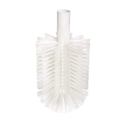 The PIPE BRUSH, PBT TRANSPARENT Ø0.50MM WITH ADAPTER from Haug Bürsten KG is a white, cylindrical cleaning brush head with stiff, transparent PBT bristles around a plastic core and a hollow adapter, perfect for effective pipe cleaning.