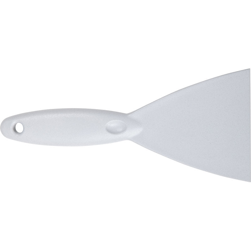 A SPACHTEL,PP, 250x110X18MM from Haug Bürsten KG is shown against a plain background, with its quality highlighted by a close-up of the handle and part of the blade with a hole in the handle.