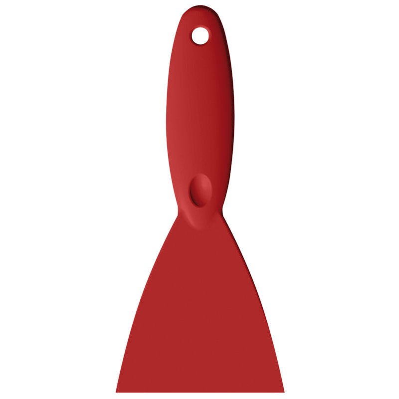 The SPACHTEL,PP, 250x110X18MM from Haug Bürsten KG is a red spatula with a wide flat blade and rounded handle with a hanging hole, depicted on a white background.