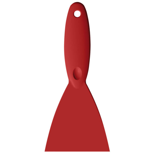 Das SPACHTEL,PP, 250x110X18MM von Haug Bürsten KG ist ein rotes Spachtelmesser mit breiter flacher Klinge und abgerundetem Griff mit Aufhängeloch, abgebildet auf weißem Hintergrund.