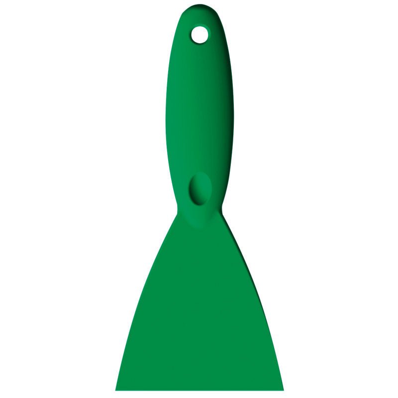 The SPACHTEL,PP, 250x110X18MM spatula from Haug Bürsten KG has a green wide blade and a handle with a hanging hole-high-quality tool-on a white background.