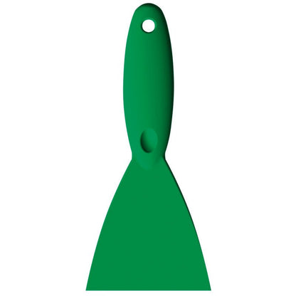 The SPACHTEL,PP, 250x110X18MM spatula from Haug Bürsten KG has a green wide blade and a handle with a hanging hole-high-quality tool-on a white background.