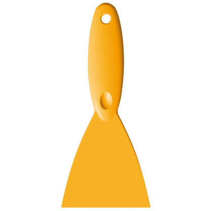 The SPACHTEL,PP, 250x110X18MM from Haug Bürsten KG is a yellow spatula with a wide blade and handle hole for hanging, depicted on a white background.