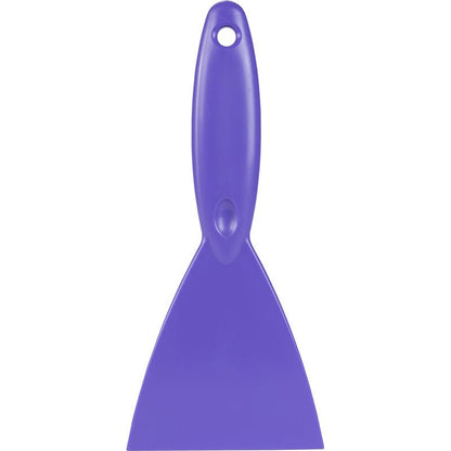 A purple SPACHTEL,PP, 250x110X18MM from Haug Bürsten KG features a wide flat blade and a handle with a hanging hole - a high-quality tool for precise application.