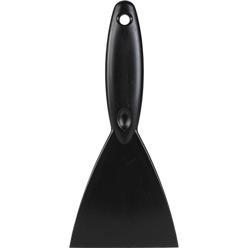 The SPACHTEL,PP, 250x110X18MM from Haug Bürsten KG is a black spatula with a wide flat blade and hanging hole, depicted on a white background - ideal as a high-quality tool for many tasks.