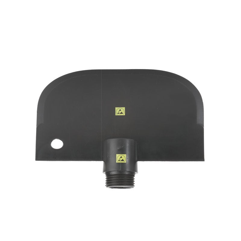 The ESD SCRAPER LARGE from Haug Bürsten KG is a black ESD-safe PP tool head with a wide, flat blade, IN-UP adapter, lower middle thread connection, left-side bore, and two warning symbols on the front.