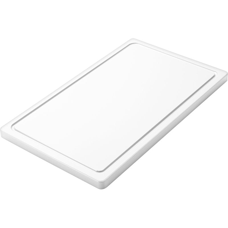 The SMALL CUTTING BOARD from Haug Bürsten KG (PE, non-slip, 500x300x20mm) is shown from an oblique angle against a white background; it is rectangular, white, and has slightly raised edges as well as a smooth, non-slip surface.