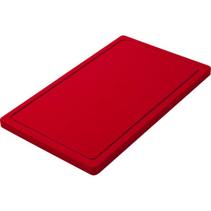 The SMALL CUTTING BOARD from Haug Bürsten KG made of red PE with a non-slip surface, rounded edges, and a flat surrounding groove (500x300x20mm) is depicted against a white background.