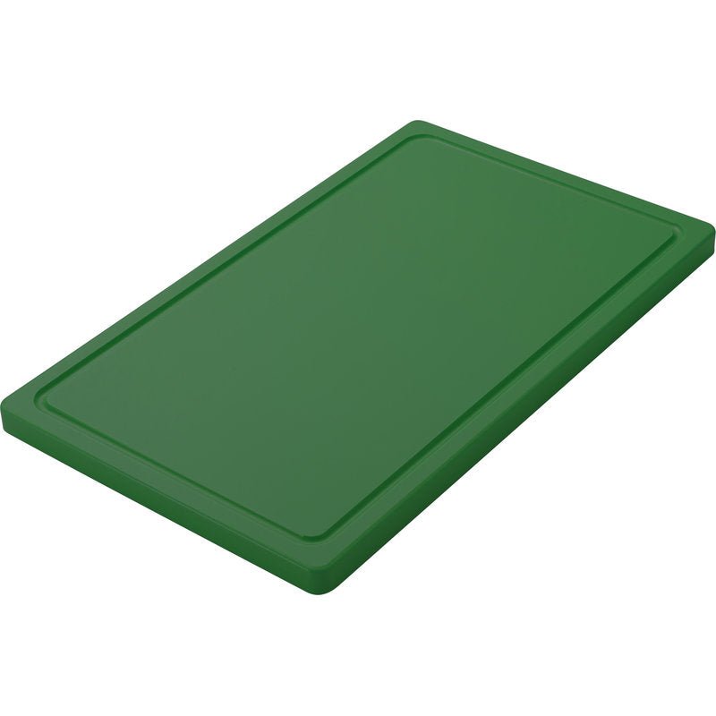 The SMALL CUTTING BOARD from Haug Bürsten KG is a solid green, rectangular, non-slip PE cutting board (500x300x20mm) with rounded edges and a slightly elevated edge, depicted against a white background.