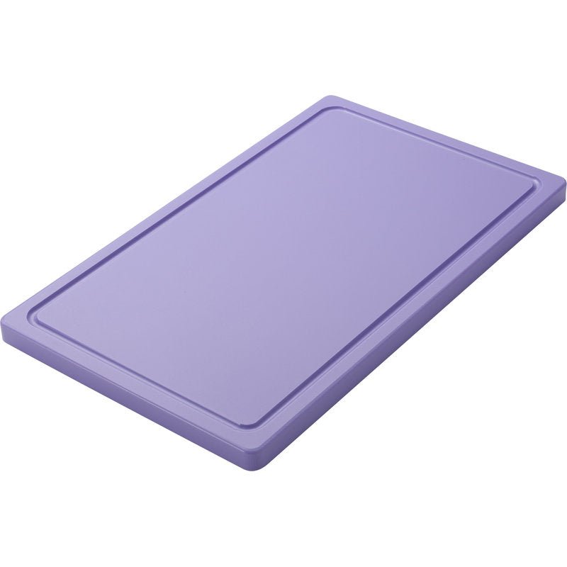 The Haug Bürsten KG SMALL CUTTING BOARD (PE, non-slip, 500x300x20mm) is shown in light purple against a white background, with a slightly raised edge and non-slip surface for safe and easy food preparation.