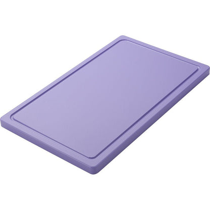 The Haug Bürsten KG SMALL CUTTING BOARD (PE, non-slip, 500x300x20mm) is shown in light purple against a white background, with a slightly raised edge and non-slip surface for safe and easy food preparation.
