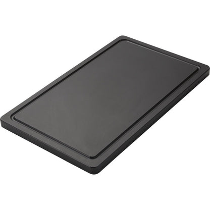 The black SMALL CUTTING BOARD from Haug Bürsten KG made of non-slip PE (500x300x20mm) with a surrounding juice groove and raised edge lies on a white background.