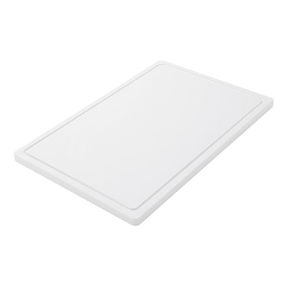 The Haug Bürsten KG CUTTING BOARD LARGE, PE, NON-SLIP, 600X400X20MM is a large, rectangular, white cutting board with a non-slip surface and raised edge, depicted at an angle against a white background - ideal for daily use in the kitchen.