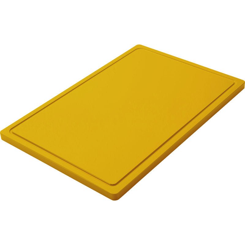 A large yellow CUTTING BOARD LARGE, PE, non-slip (600x400x20mm) from Haug Bürsten KG with raised edges and a non-slip surface, presented against a white background.