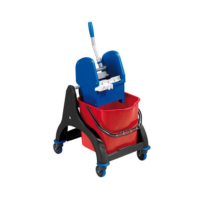 The SINGLE BUCKET M.MOPP PRESS M.ALUSTIEL, RED from Haug Bürsten KG is a red cleaning bucket with a blue press, black cart, four blue wheels, push handle, and lever for wringing the mop. Dimensions: 520x420x530/740 mm.