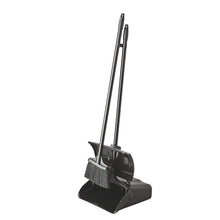 A black "MASTER" DUSTPAN SET, medium PVC, with a long steel handle from Haug Bürsten KG. The broom rests in the dustpan, both standing upright against a white background.