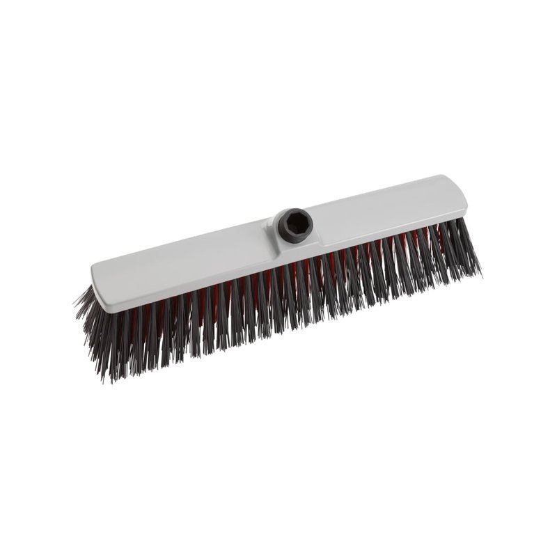 The "in-up" large area broom from Haug Bürsten KG (400x60x140x75 mm, black) has black and red bristles and a central hole for a handle - ideal for cleaning large areas, here against a white background.