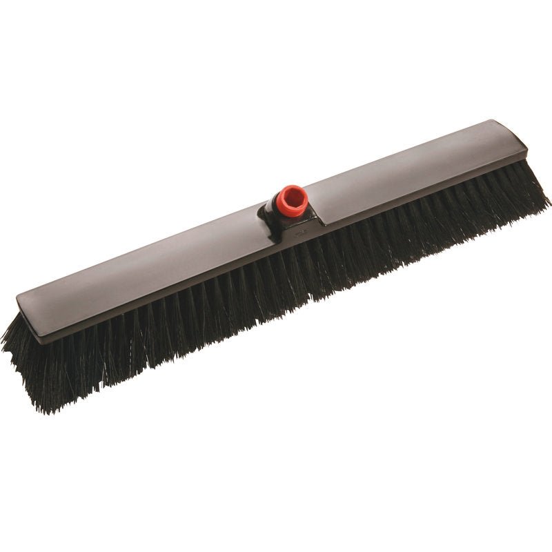 The Haug Bürsten KG IN-UP LARGE AREA BROOM features stiff 0.60 mm thick polyester bristles, a 600 x 70 x 70 mm large black broom head, and a red handle connection - ideal for cleaning large areas. Pictured against a white background.