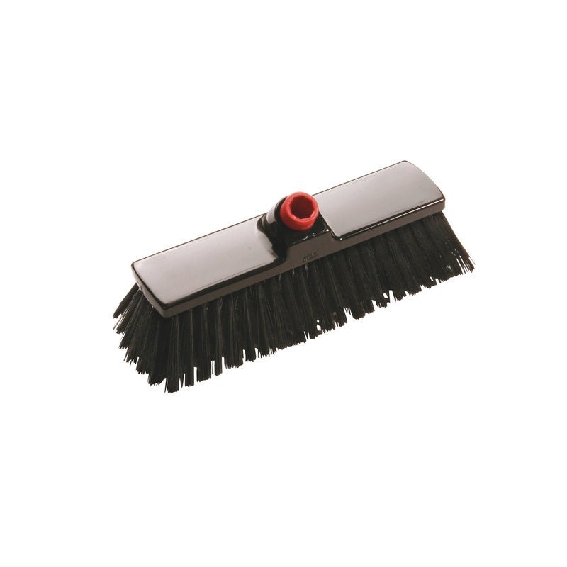 The IN-UP HOF-U.GARAGE BROOM from Haug Bürsten KG has stiff black polyester bristles and a rectangular plastic body (300x70x65mm) with a red handle attachment - perfect as a garage broom for garage cleaning, depicted on a white background.