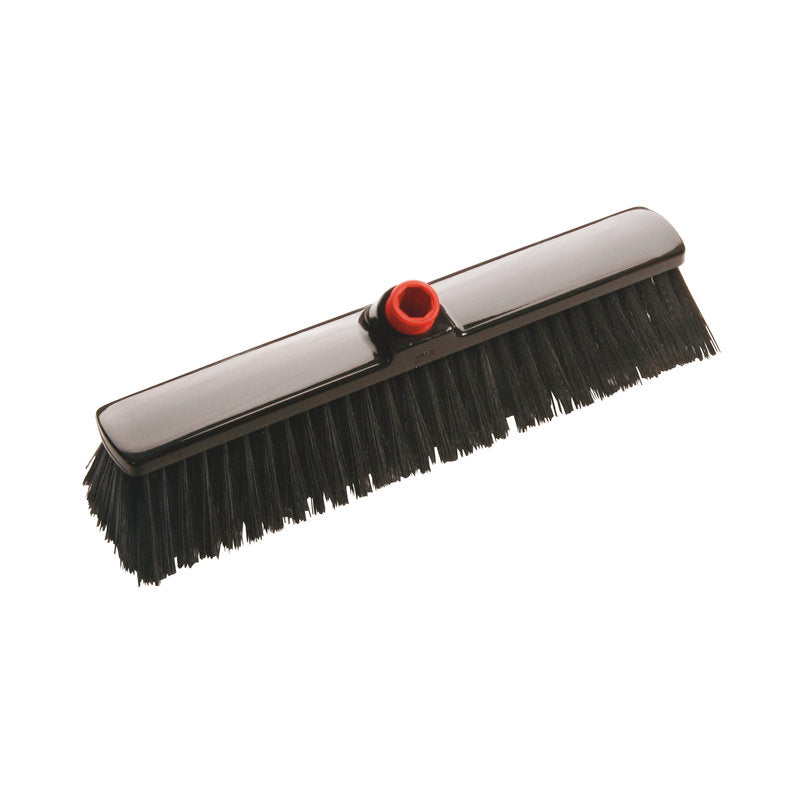 The IN-UP LARGE AREA BROOM from Haug Bürsten KG features a wide, black broom head measuring 400x60x65mm with stiff, dark polyester bristles (ø 0.60mm) and a red plastic base, perfect for professional cleaning.