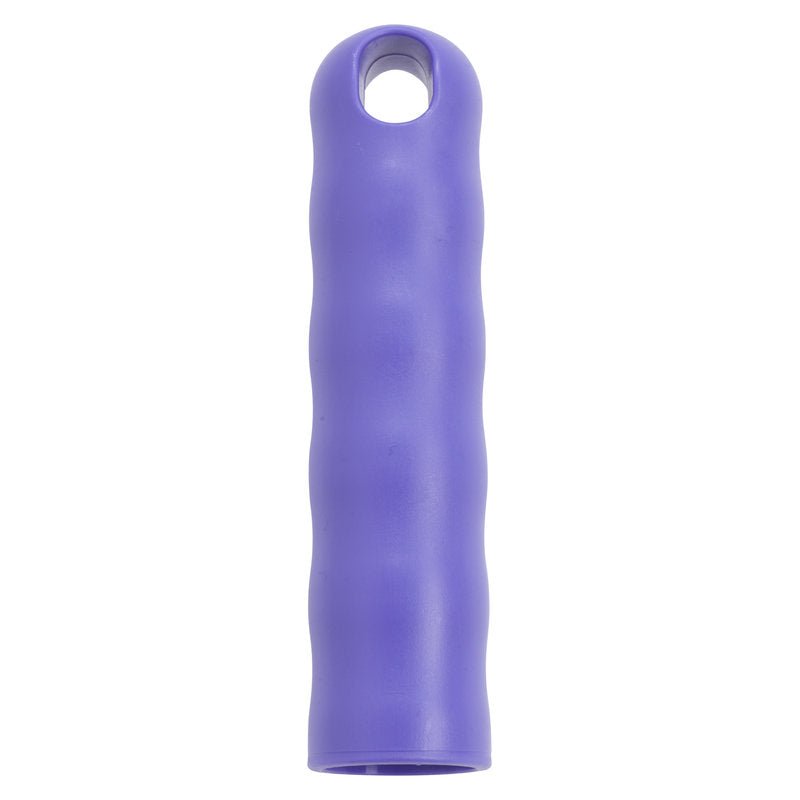The HANGING CAP FOR ALL HANDLES M.OUTER-ø 25MM from Haug Bürsten KG is a purple, cylindrical silicone grip with wavy texture and a hole for storage, size 125xø30mm, depicted on a white background.