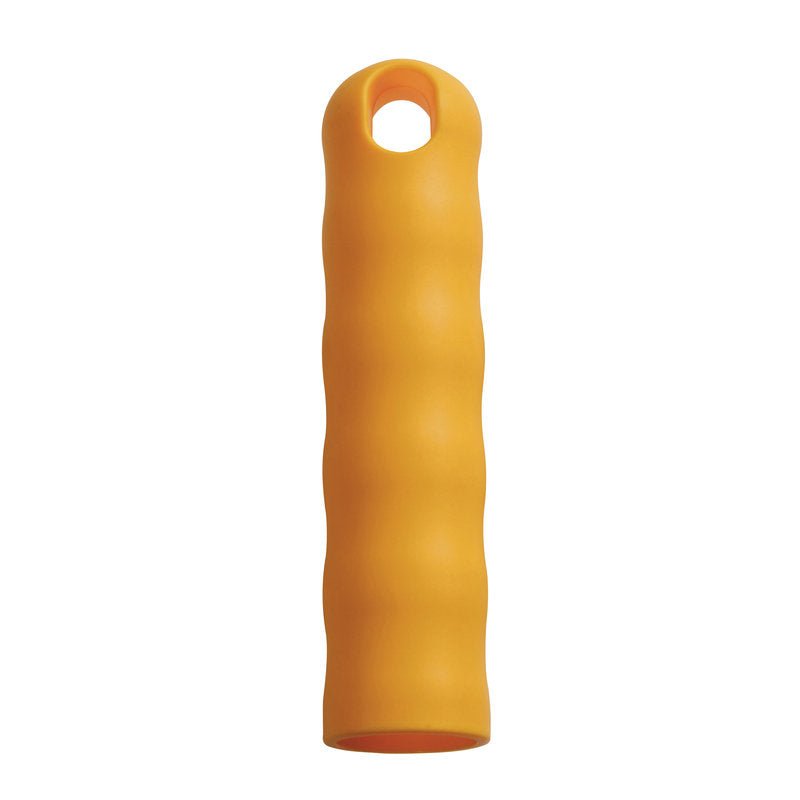 The HANGING CAP FOR ALL HANDLES M.OUTER-ø 25MM from Haug Bürsten KG is a yellow, cylindrical silicone grip cover with finger grooves and a cap for easy storage, suitable for 25mm handles, upright on a white background.