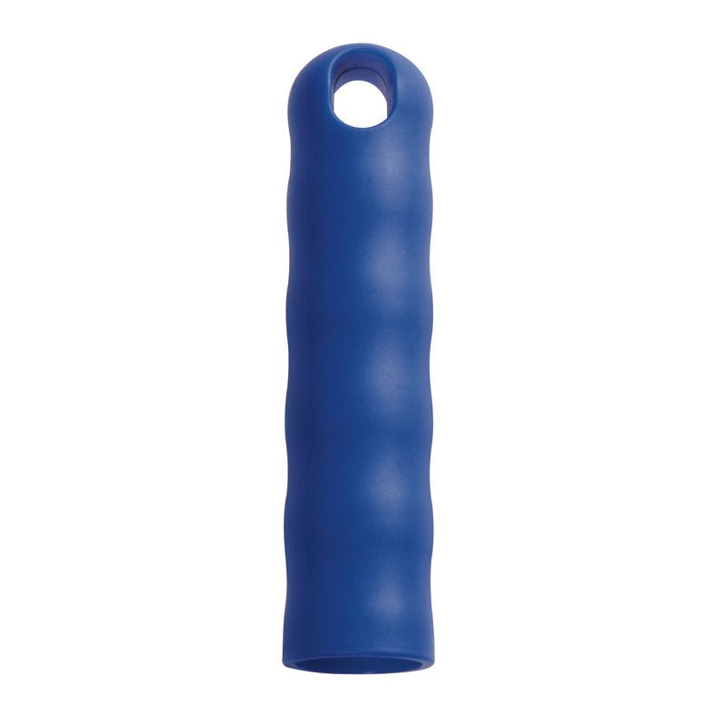The Haug Bürsten KG HANGING CAP FOR ALL HANDLES M.OUTER-ø 25MM is a blue, cylindrical grip with finger recesses and a hanging cap, suitable for 25mm handles for better grip and easy storage. Size: 125xø30mm.