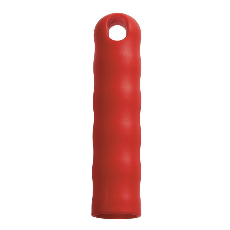 The HANGING CAP FOR ALL HANDLES M.OUTER-ø 25MM (125xø30mm) from Haug Bürsten KG is a red, cylindrical, ribbed silicone cap with a hole near the top end, depicted on a white background.