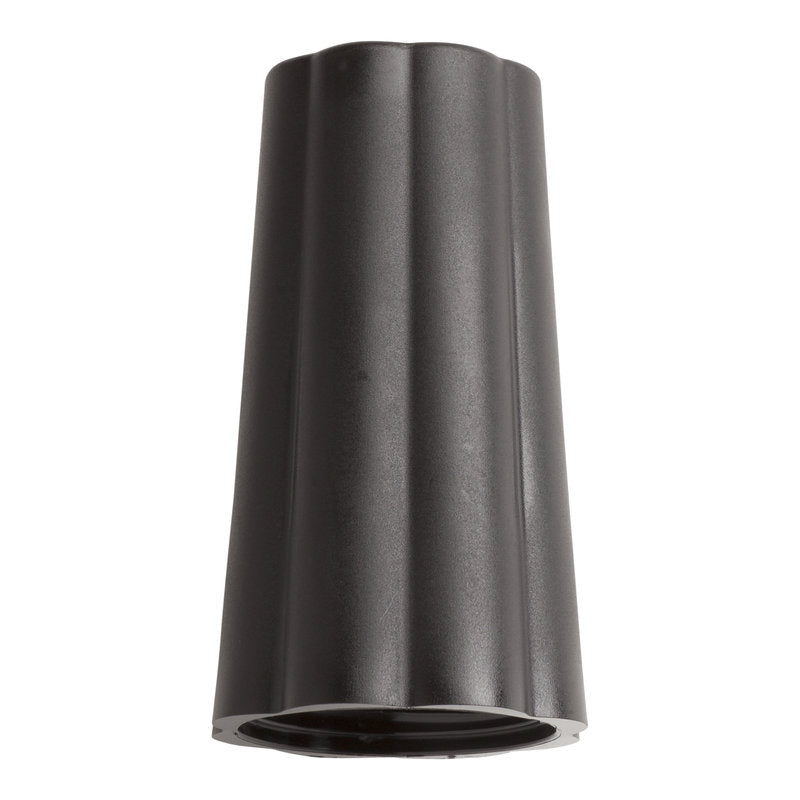 A black, cylindrical OUTER COUPLING NUT DIAMETER 25MM from Haug Bürsten KG with a slightly flared base and vertical grooves on the sides, depicted on a white background.