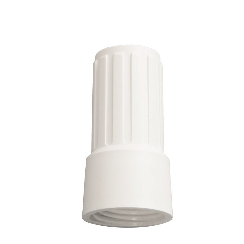 The NUT FOR ADAPTER E1100019 from Haug Bürsten KG is a white plastic connector with vertical grooves, standing upright on a plain white background, ideal for making a robust connection.