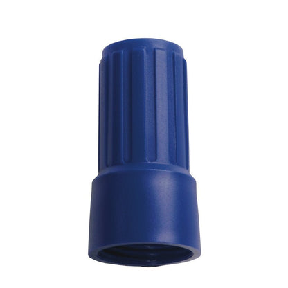 Blue plastic wire connector with a ribbed top and smooth bottom for twisting electrical wires, compatible with the NUT FOR ADAPTER E1100019 from Haug Bürsten KG for secure connections.