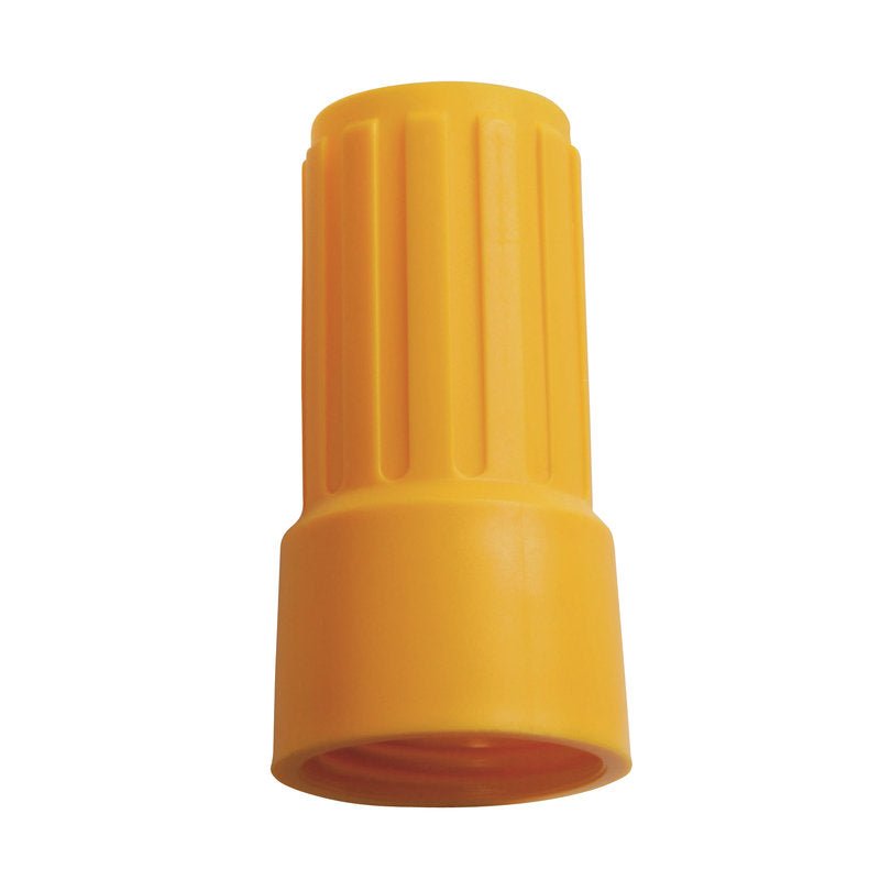 The NUT FOR ADAPTER E1100019 from Haug Bürsten KG is a yellow plastic connector with a ribbed cylindrical shape and closed end, used for secure electrical wire connections.