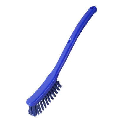 The Haug Bürsten KG UNIVERSAL BRUSH, NARROW (ø 0.35mm, 295x25x23mm) features a blue handle with stiff bristles for effective cleaning, shown on a white background.