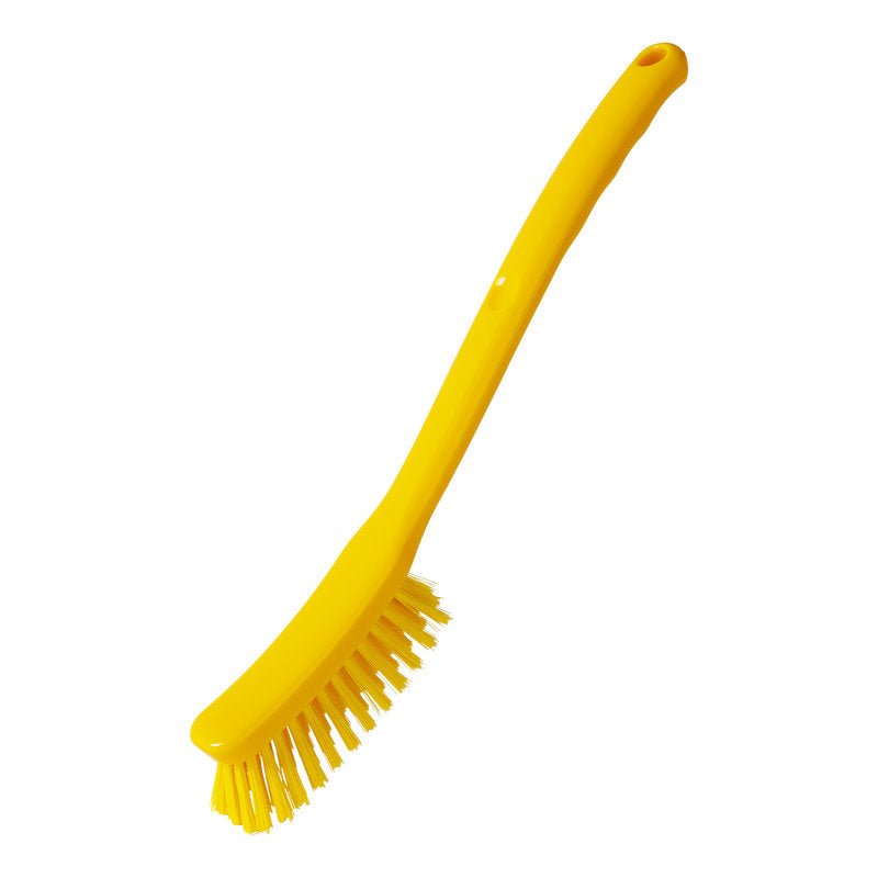 The Haug Bürsten KG UNIVERSAL BRUSH, NARROW, ø 0.35MM, 295x25x23mm has stiff bristles and a yellow long handle with a hanging hole, depicted on a white background.