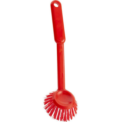 The Haug Bürsten KG ROUND DISH BRUSH, ø 0.35MM hard (255xø70x23mm), is a red round dish brush with stiff bristles and a long handle with a hanging hole - ideal for kitchen cleaning.