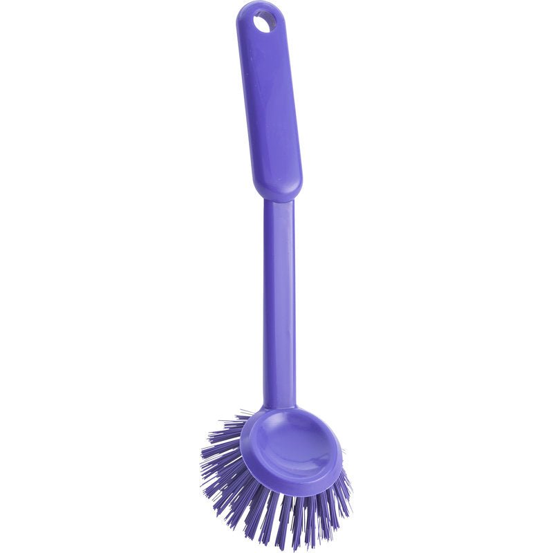 The Haug Bürsten KG ROUND DISH BRUSH (ø0.35mm hard, 255xø70x23mm) is a purple plastic dish brush with a long handle, round hard bristle head, and hanging hole - ideal for kitchen cleaning.