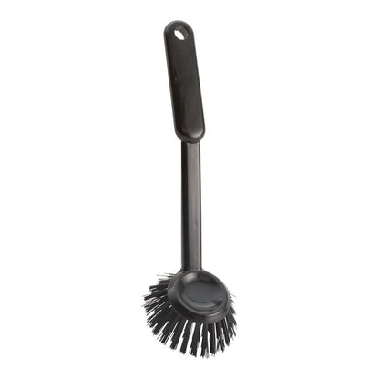 The Haug Bürsten KG ROUND DISH BRUSH, ø 0.35MM hard (255xø70x23mm), features a round black head with hard bristles for efficient kitchen cleaning and a hole in the handle for easy hanging.