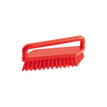 Pictured is a SCRUB BRUSH, PBT, 180x48x22mm, hard from Haug Bürsten KG with a red horizontal handle and stiff bristles on a white background. The rectangular cleaning brush is designed for convenient use.